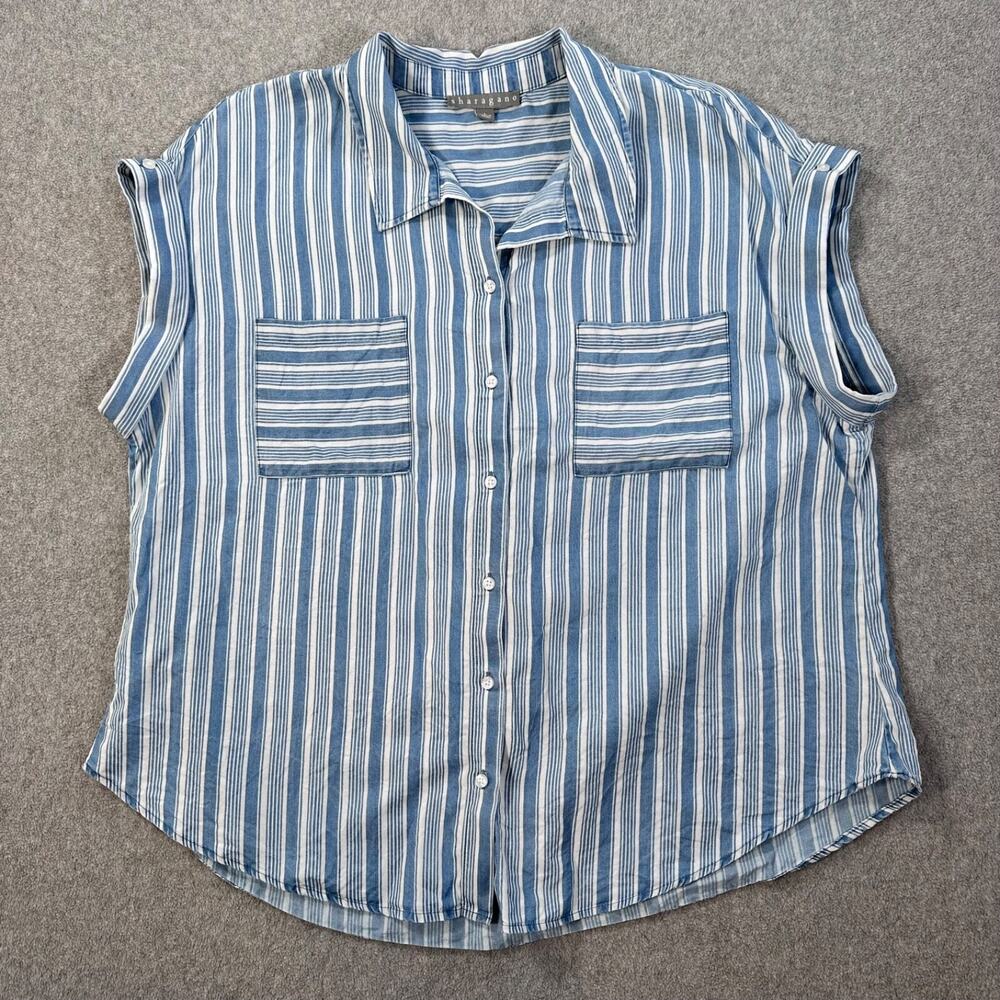 Sharagano Striped Button Front Top Women's Large Blue/White Pockets Collared